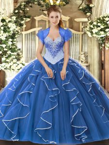 Blue Tulle Lace Up Sweet 16 Dresses Cap Sleeves Floor Length Beading