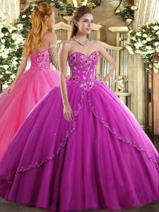 Fuchsia Sleeveless Tulle Brush Train Lace Up Quinceanera Dresses for Military Ball and Sweet 16 and Quinceanera