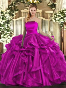 Custom Designed Fuchsia Vestidos de Quinceanera Military Ball and Sweet 16 and Quinceanera with Ruffles Strapless Sleeveless Lace Up