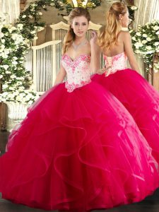 Hot Selling Sweetheart Sleeveless Quince Ball Gowns Floor Length Beading and Ruffles Hot Pink Tulle