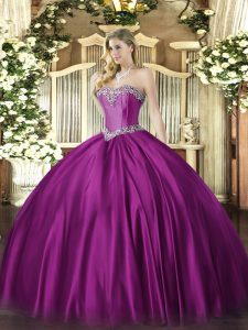 Fashionable Fuchsia Ball Gowns Beading Sweet 16 Quinceanera Dress Lace Up Satin Sleeveless Floor Length