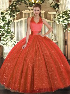 Rust Red Ball Gowns Sequins Quinceanera Gown Lace Up Tulle Sleeveless Floor Length