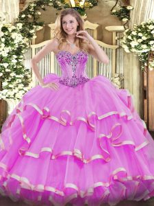 Dazzling Beading and Ruffles 15 Quinceanera Dress Lilac Lace Up Sleeveless Floor Length