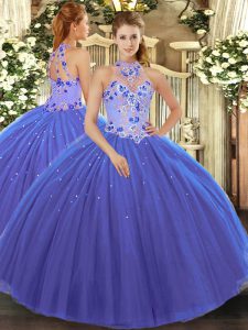 New Style Floor Length Blue Quinceanera Dresses Tulle Sleeveless Embroidery