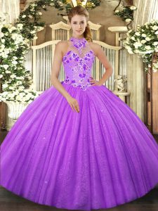 High Quality Lavender Ball Gowns Beading Quinceanera Dresses Lace Up Tulle Sleeveless Floor Length