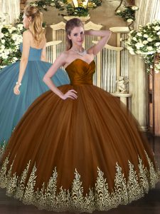 Sleeveless Tulle Floor Length Zipper Quinceanera Dresses in Brown with Appliques