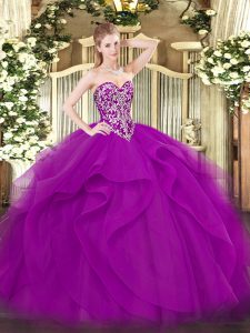 Customized Fuchsia Tulle Lace Up Sweetheart Sleeveless Floor Length Quince Ball Gowns Beading and Ruffles