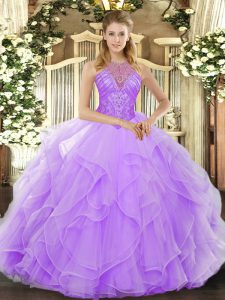 Designer Lavender Lace Up Quince Ball Gowns Beading and Ruffles Sleeveless Floor Length