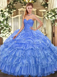 Baby Blue Organza Lace Up Quince Ball Gowns Sleeveless Floor Length Beading and Ruffled Layers and Pick Ups