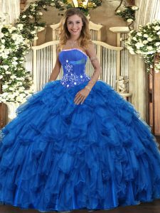 Shining Strapless Sleeveless Lace Up Sweet 16 Quinceanera Dress Royal Blue Organza