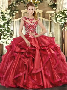 Enchanting Red Scoop Lace Up Appliques and Ruffles Quinceanera Gowns Cap Sleeves