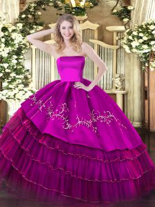 Fuchsia Sweet 16 Dresses Military Ball and Sweet 16 and Quinceanera with Embroidery and Ruffled Layers Strapless Sleeveless Zipper