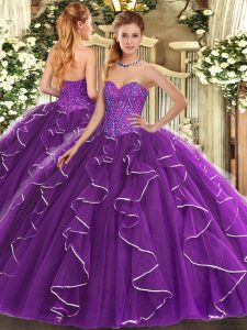 Hot Sale Floor Length Lace Up Quinceanera Gowns Purple for Military Ball and Sweet 16 and Quinceanera with Beading and Ruffles