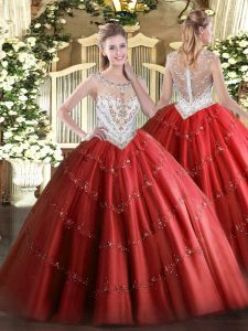 Red Tulle Zipper Sweet 16 Dress Sleeveless Floor Length Beading and Appliques