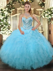 Vintage Aqua Blue Tulle Lace Up Sweetheart Sleeveless Floor Length Sweet 16 Quinceanera Dress Beading and Ruffles