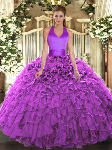 Fuchsia Sleeveless Floor Length Ruffles Lace Up Quinceanera Gowns