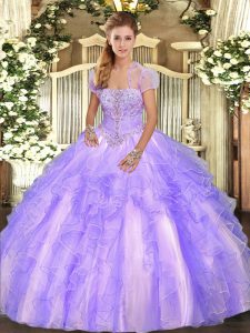 Lavender Ball Gowns Tulle Strapless Sleeveless Appliques and Ruffles Floor Length Lace Up Quinceanera Gown