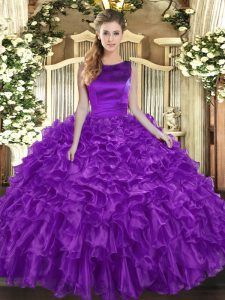 Eggplant Purple Ball Gowns Ruffles Sweet 16 Dress Lace Up Organza Sleeveless Floor Length