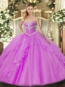 Customized Beading and Ruffles Quinceanera Gown Lilac Lace Up Sleeveless Floor Length