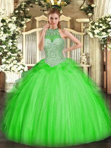 Exceptional Tulle Halter Top Sleeveless Lace Up Beading and Ruffles Sweet 16 Dresses in