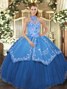 Satin and Tulle Halter Top Sleeveless Lace Up Beading and Embroidery Quince Ball Gowns in Teal