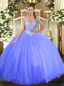 Deluxe Blue Straps Neckline Beading Quince Ball Gowns Sleeveless Lace Up