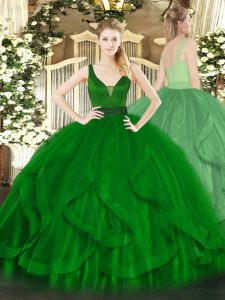 Beauteous Dark Green Tulle Zipper Straps Sleeveless Floor Length Ball Gown Prom Dress Beading and Ruffles