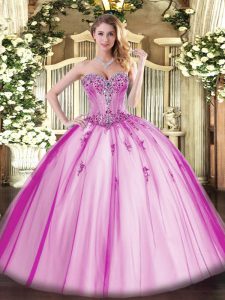 Trendy Fuchsia Tulle Lace Up Sweetheart Sleeveless Floor Length 15th Birthday Dress Beading and Appliques