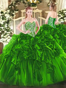 Extravagant Green Ball Gowns Beading and Ruffles Quinceanera Gowns Lace Up Organza Sleeveless Floor Length