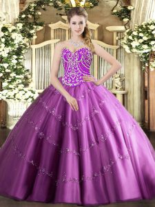 Glittering Lilac Tulle Lace Up 15th Birthday Dress Sleeveless Floor Length Beading and Appliques