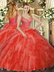 Customized Red V-neck Lace Up Beading and Ruffles 15th Birthday Dress Sleeveless