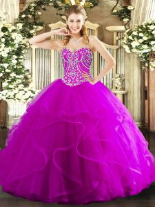 Sweetheart Sleeveless Tulle Quince Ball Gowns Beading and Ruffles Lace Up