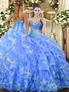 Ideal Sweetheart Sleeveless 15 Quinceanera Dress Floor Length Beading and Ruffled Layers Baby Blue Organza