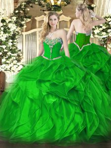 Custom Design Floor Length Green Quince Ball Gowns Organza Sleeveless Beading and Ruffles