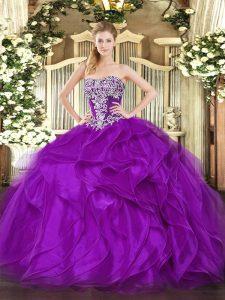 Organza Strapless Sleeveless Lace Up Beading and Ruffles Quinceanera Dress in Purple