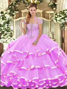 Romantic Lilac Lace Up Strapless Appliques and Ruffled Layers Sweet 16 Dresses Organza Sleeveless