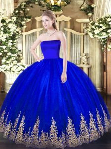 Ball Gowns Quinceanera Dress Blue Strapless Tulle Sleeveless Floor Length Zipper