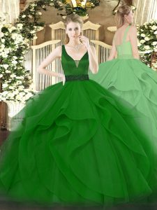 Ball Gowns 15th Birthday Dress Dark Green Straps Tulle Sleeveless Floor Length Zipper