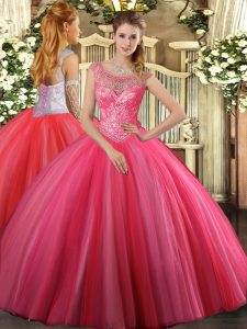 Best Selling Coral Red Ball Gowns Scoop Sleeveless Tulle Floor Length Lace Up Beading Sweet 16 Dress