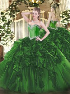 Glittering Sleeveless Floor Length Beading and Ruffles Lace Up Sweet 16 Dress with Dark Green