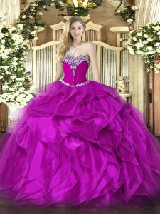 Customized Sweetheart Sleeveless Lace Up 15 Quinceanera Dress Fuchsia Organza