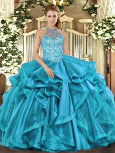 Teal Lace Up Halter Top Beading 15th Birthday Dress Organza Sleeveless