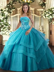 Teal Tulle Lace Up Strapless Sleeveless Floor Length Sweet 16 Dresses Beading and Ruffled Layers