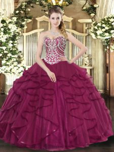 Admirable Burgundy Lace Up Sweetheart Beading and Ruffles Quinceanera Dresses Tulle Sleeveless