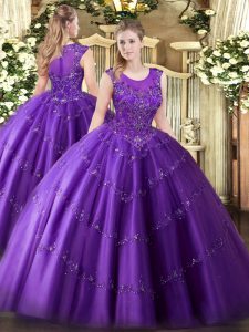 Charming Scoop Sleeveless Quinceanera Dress Floor Length Beading and Appliques Purple Tulle