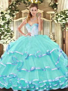 Beautiful Turquoise Sleeveless Beading and Ruffled Layers Floor Length 15th Birthday Dress