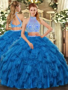 Sleeveless Organza Floor Length Criss Cross Quinceanera Gowns in Blue with Beading and Ruffles