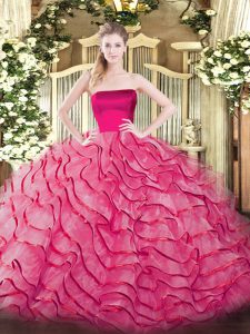 High End Hot Pink Zipper Vestidos de Quinceanera Ruffled Layers Sleeveless Brush Train