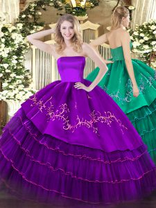 Top Selling Purple Strapless Zipper Embroidery and Ruffled Layers Vestidos de Quinceanera Sleeveless