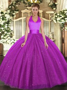 Fuchsia Lace Up Quinceanera Dresses Sequins Sleeveless Floor Length